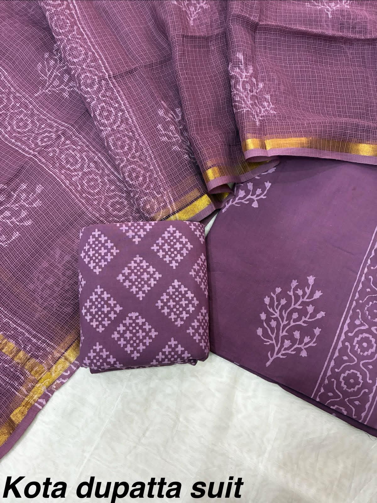 Hand block printed cotton dress materials with pure Kota doriya dupata HOTUSM458