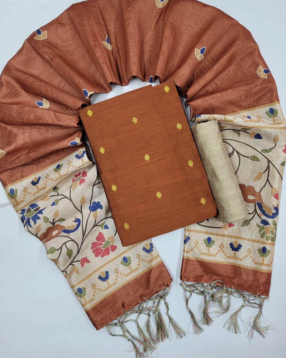 Copper Brown- Raw Silk Salwar Suit with Asham Silk Dupatta