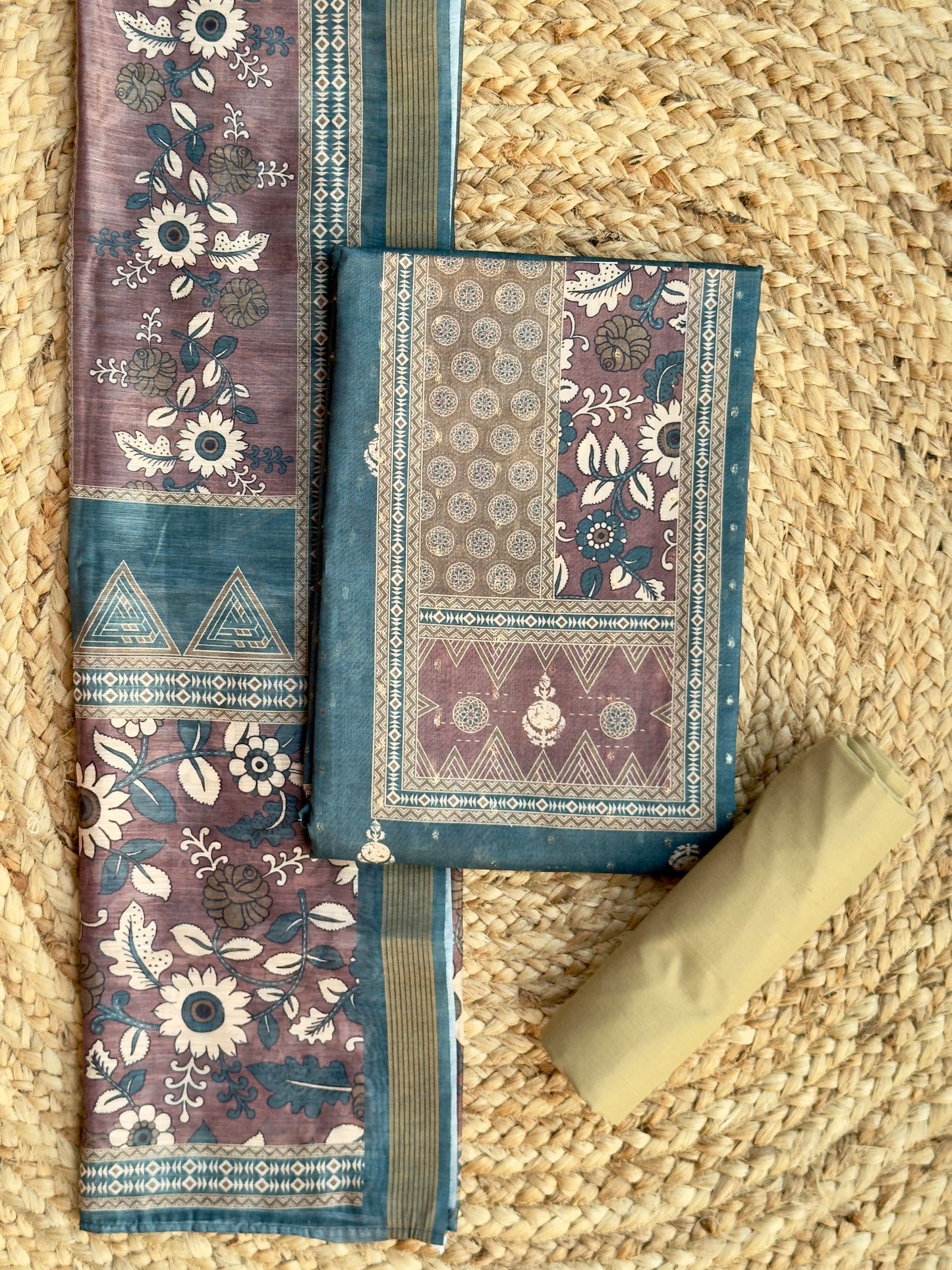 Teal Blue - Kalamkari Design Chanderi Silk Salwar Material