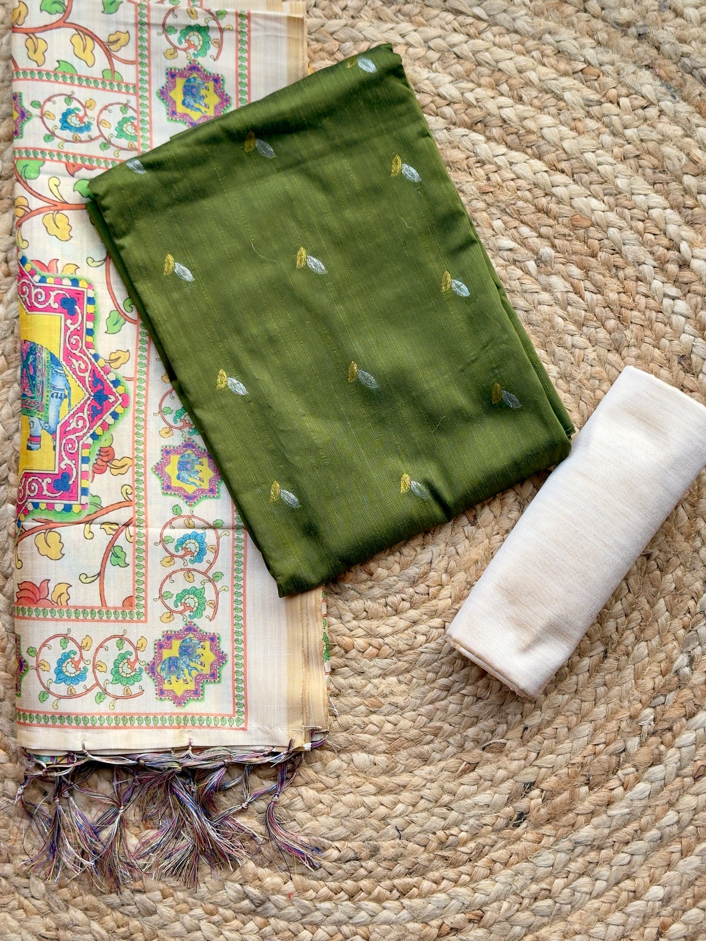 Olive Green- Raw Silk with Tussar Kalamkari Dupatt- Salwar Material