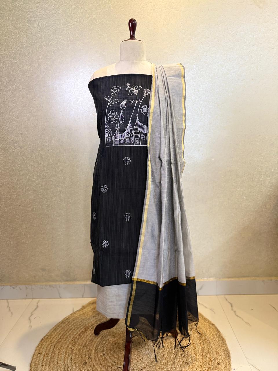 Raw Silk Salwar Suit- Black + Embroidery HOTUSM242