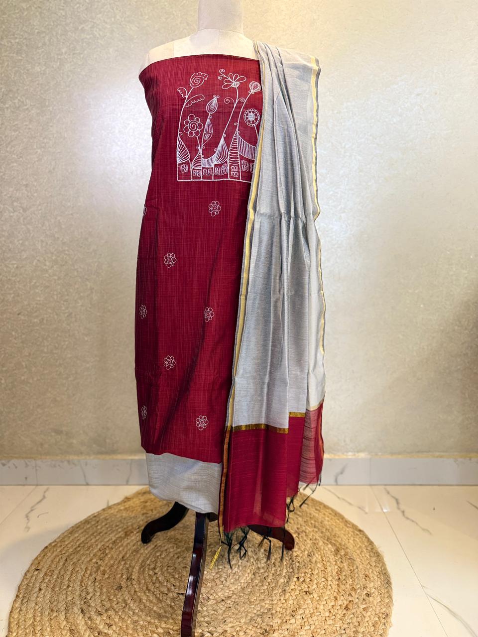 Raw Silk Salwar Suit- Maroon Embroidery HOTUSM242