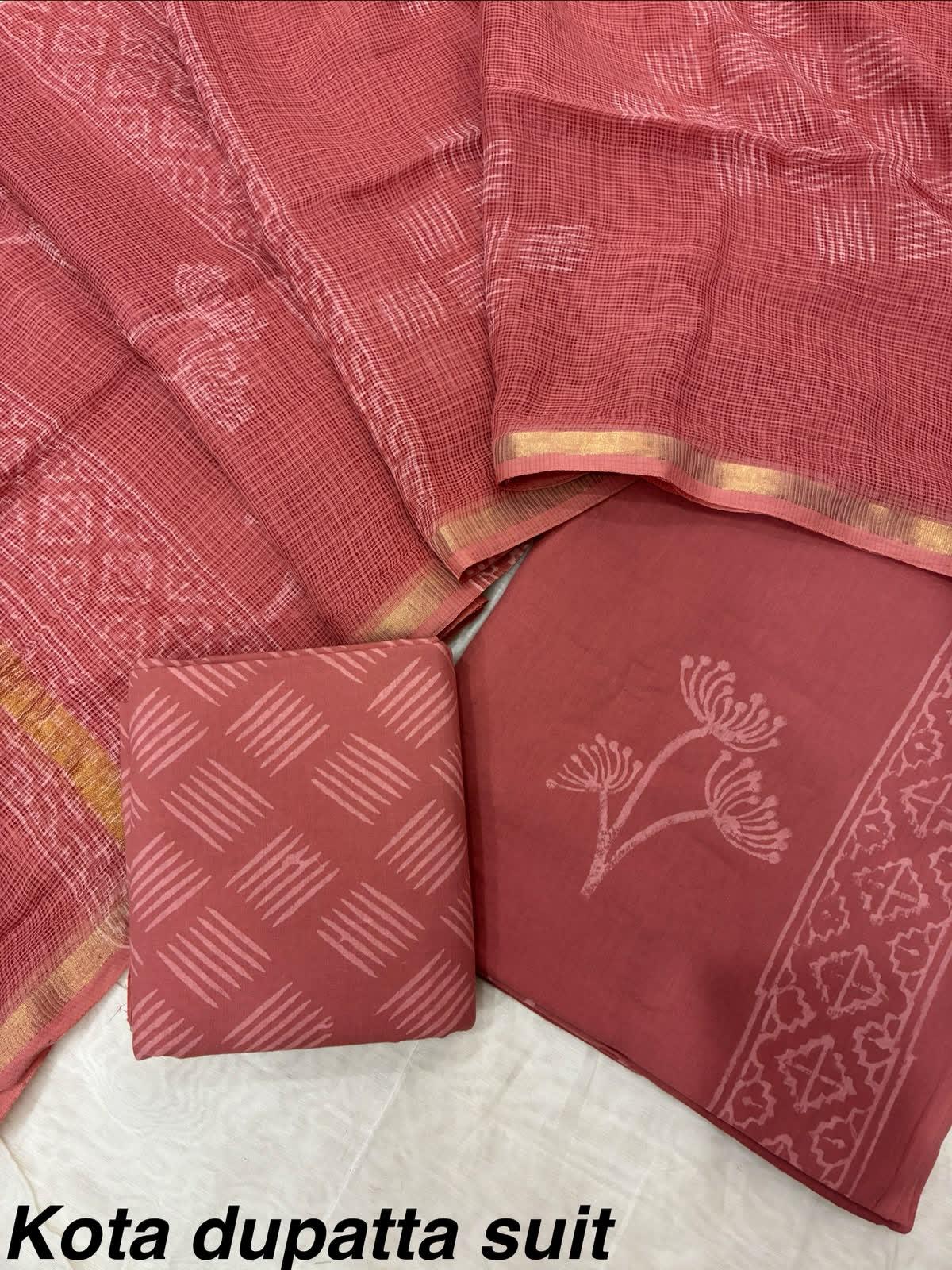 Hand block printed cotton dress materials with pure Kota doriya dupata HOTUSM456