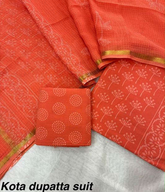 Hand block printed cotton dress materials with pure Kota doriya dupata HOTUSM454