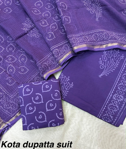 Hand block printed cotton dress materials with pure Kota doriya dupata HOTUSM459