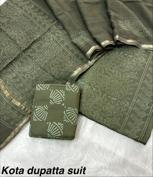 Hand block printed cotton dress materials with pure Kota doriya dupata HOTUSM455