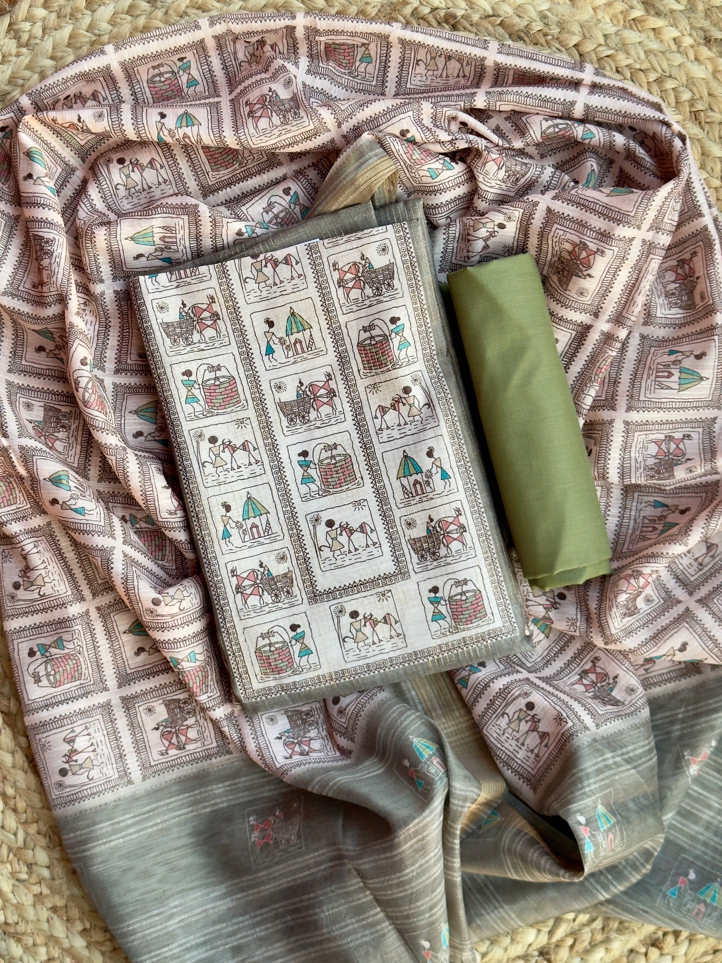 Olive Green - Wrali Design Chanderi Silk Salwar Material