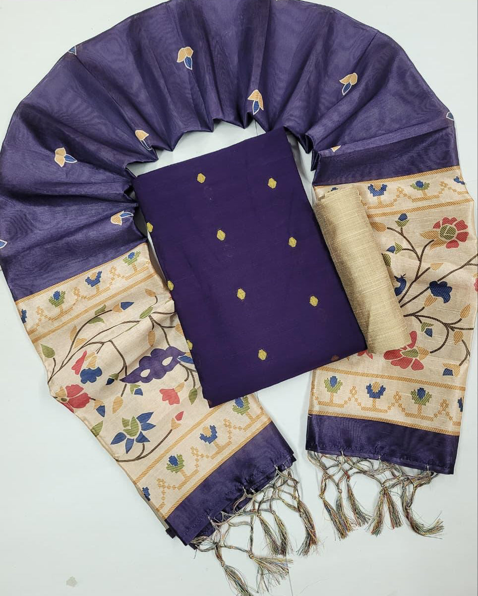 Violet- Raw Silk Salwar Suit with Asham Silk Dupatta