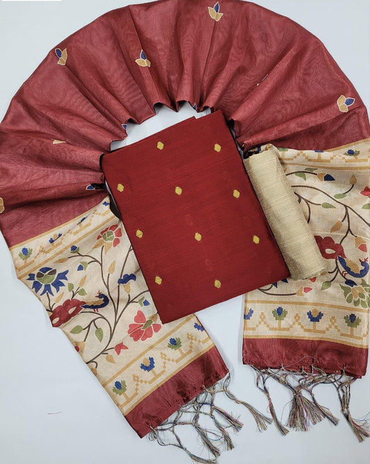 Maroon- Raw Silk Salwar Suit with Asham Silk Dupatta