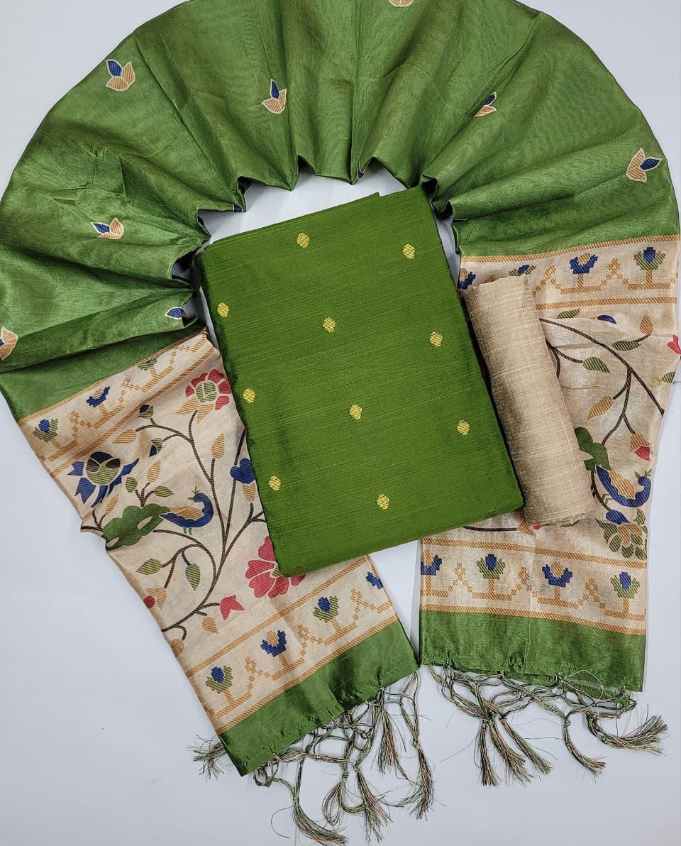 Olive Green- Raw Silk Salwar Suit with Asham Silk Dupatta