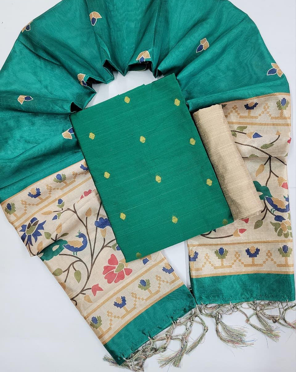 Teal Green- Raw Silk Salwar Suit with Asham Silk Dupatta