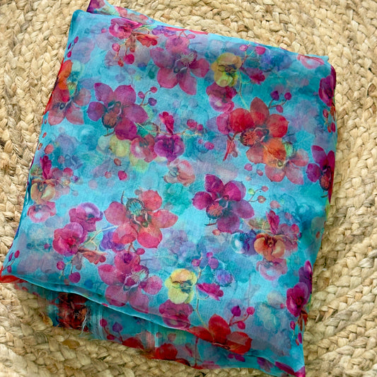 Turquoise Blue- Organza Floral Digital