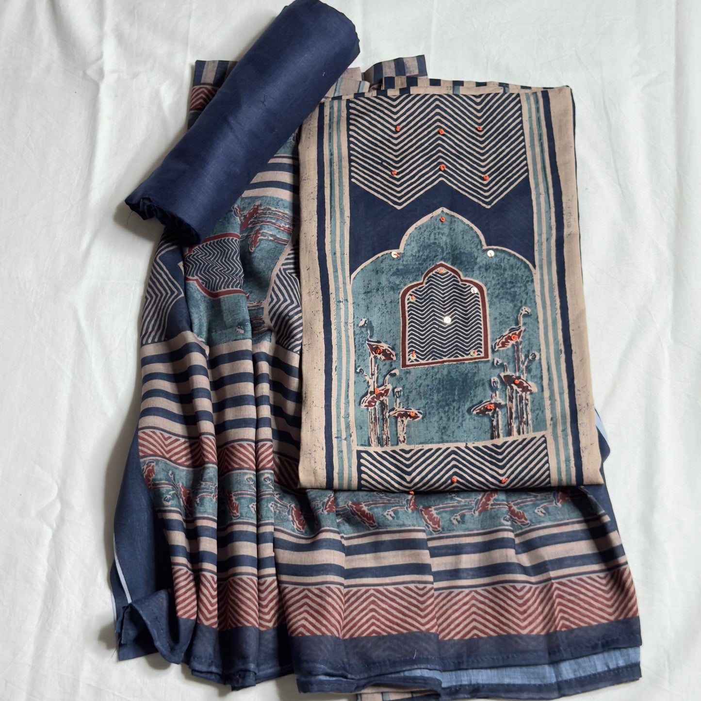 Ajrak Cotton Salwar Suit- Navy Blue