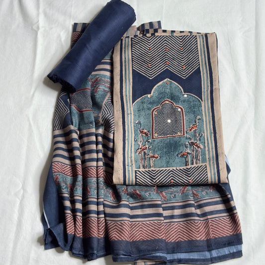 Ajrak Cotton Salwar Suit- Navy Blue