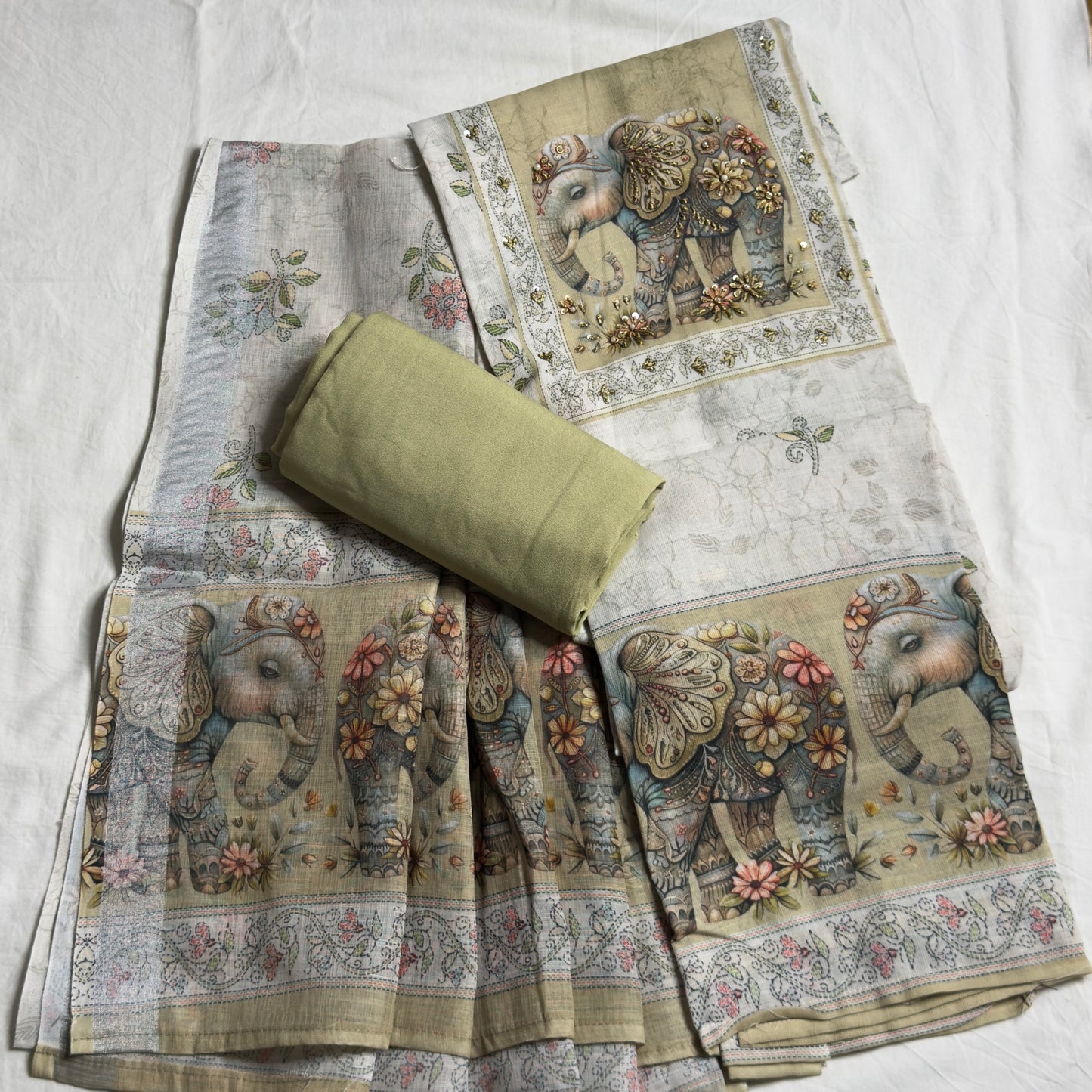 Elephant 🐘 Linen Cotton Salwar Suit- Mehndi HOTUSM293