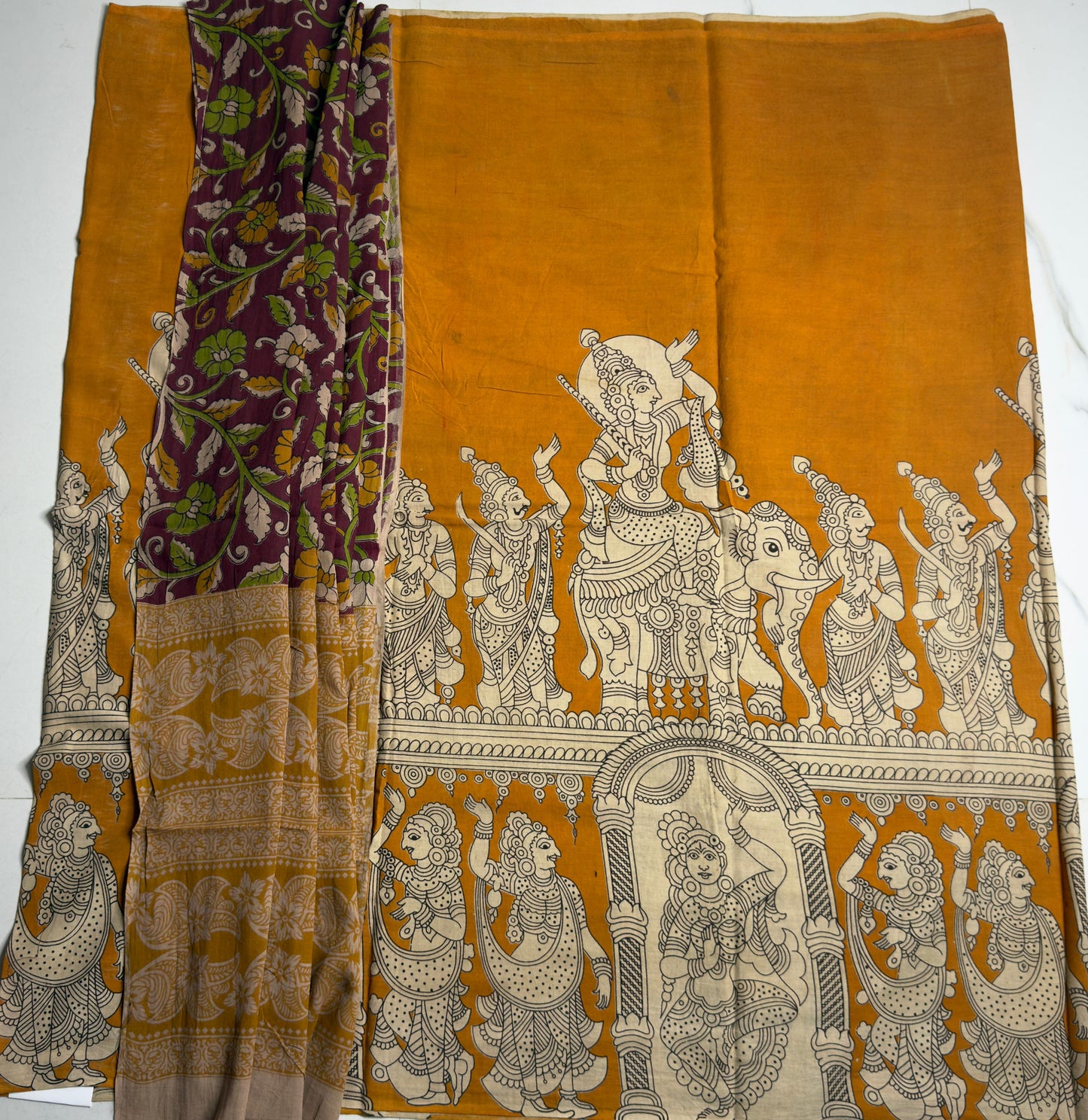 Kalamkari Top & Dupatta- Orange Wine HOTCF328