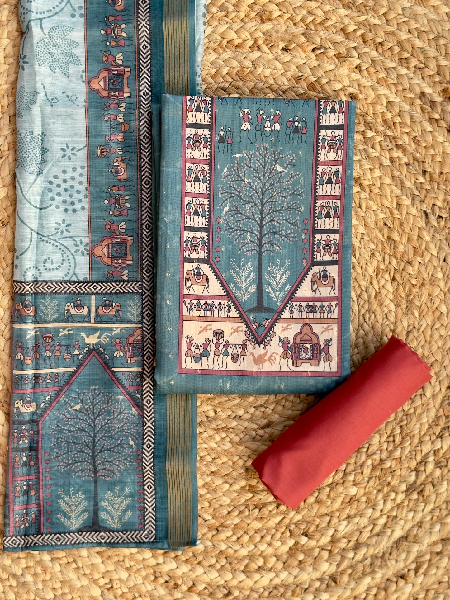 Teal Blue - Wrali Design Chanderi Silk Salwar Material