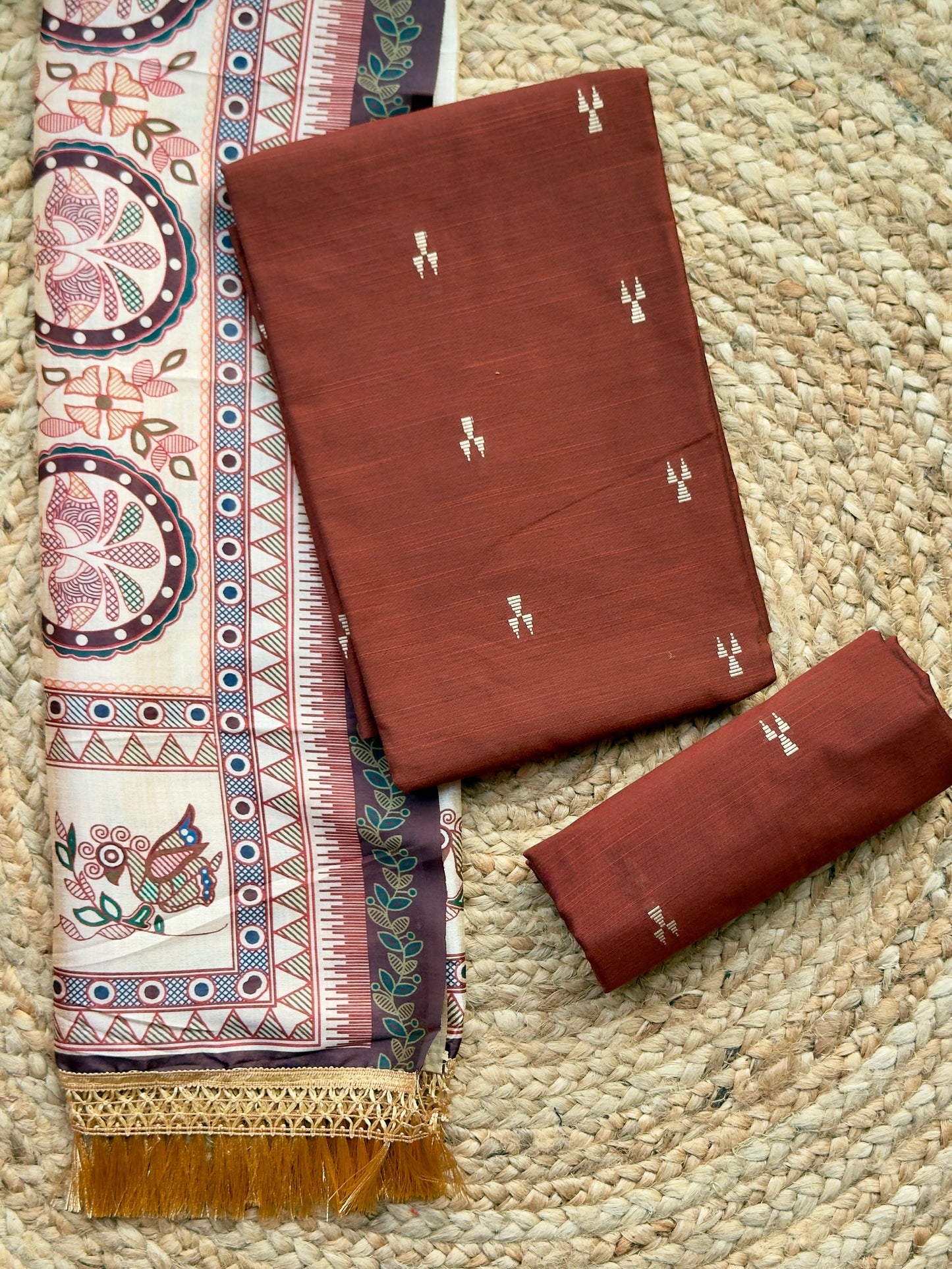 Coffee Brown- Raw Silk with Tussar Kalamkari Dupatt- Salwar Material