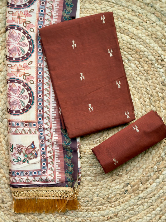 Coffee Brown- Raw Silk with Tussar Kalamkari Dupatt- Salwar Material
