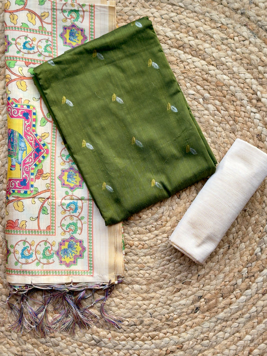 Olive Green- Raw Silk with Tussar Kalamkari Dupatt- Salwar Material