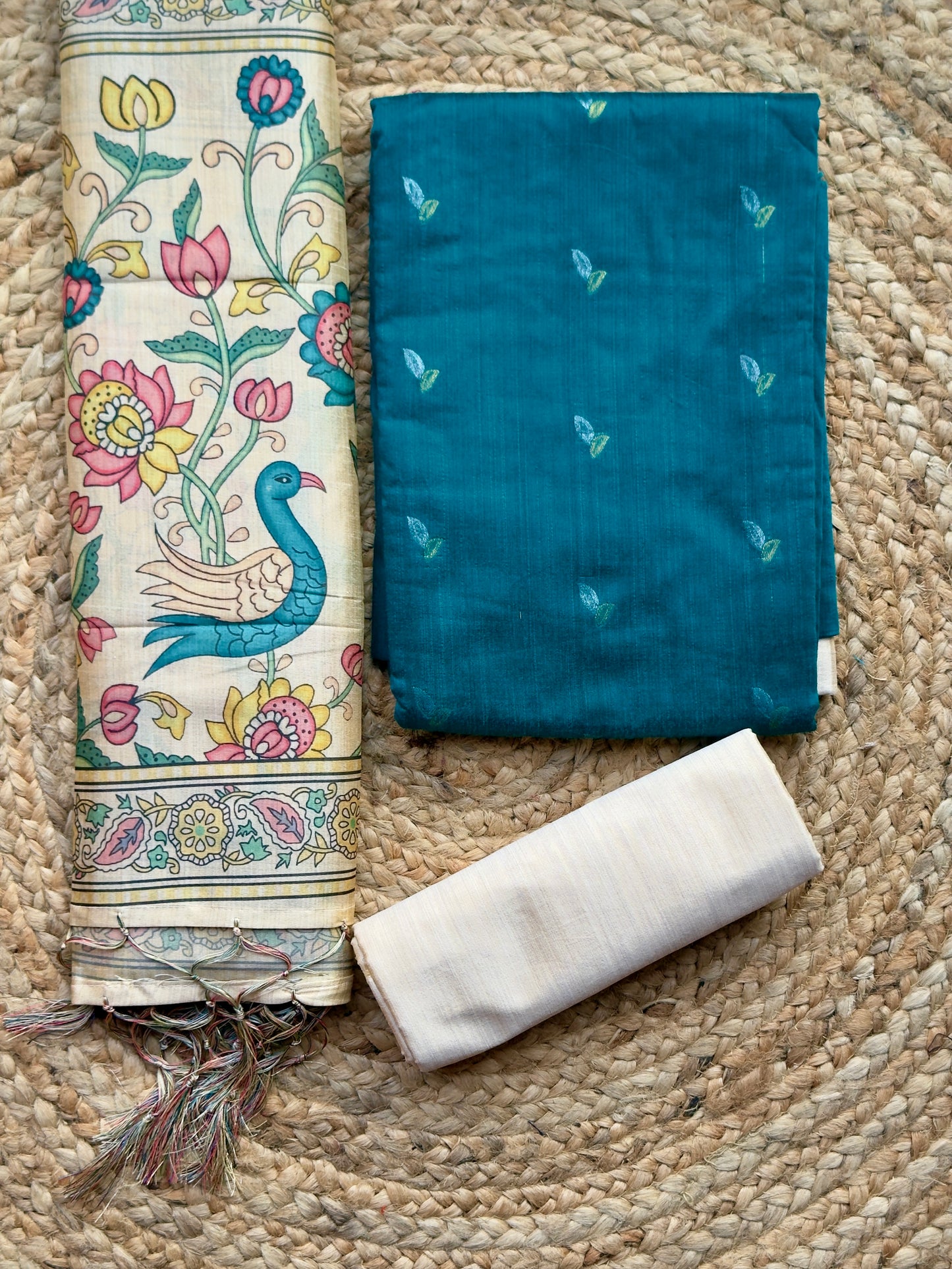 Teal Blue- Raw Silk with Tussar Kalamkari Dupatt- Salwar Material