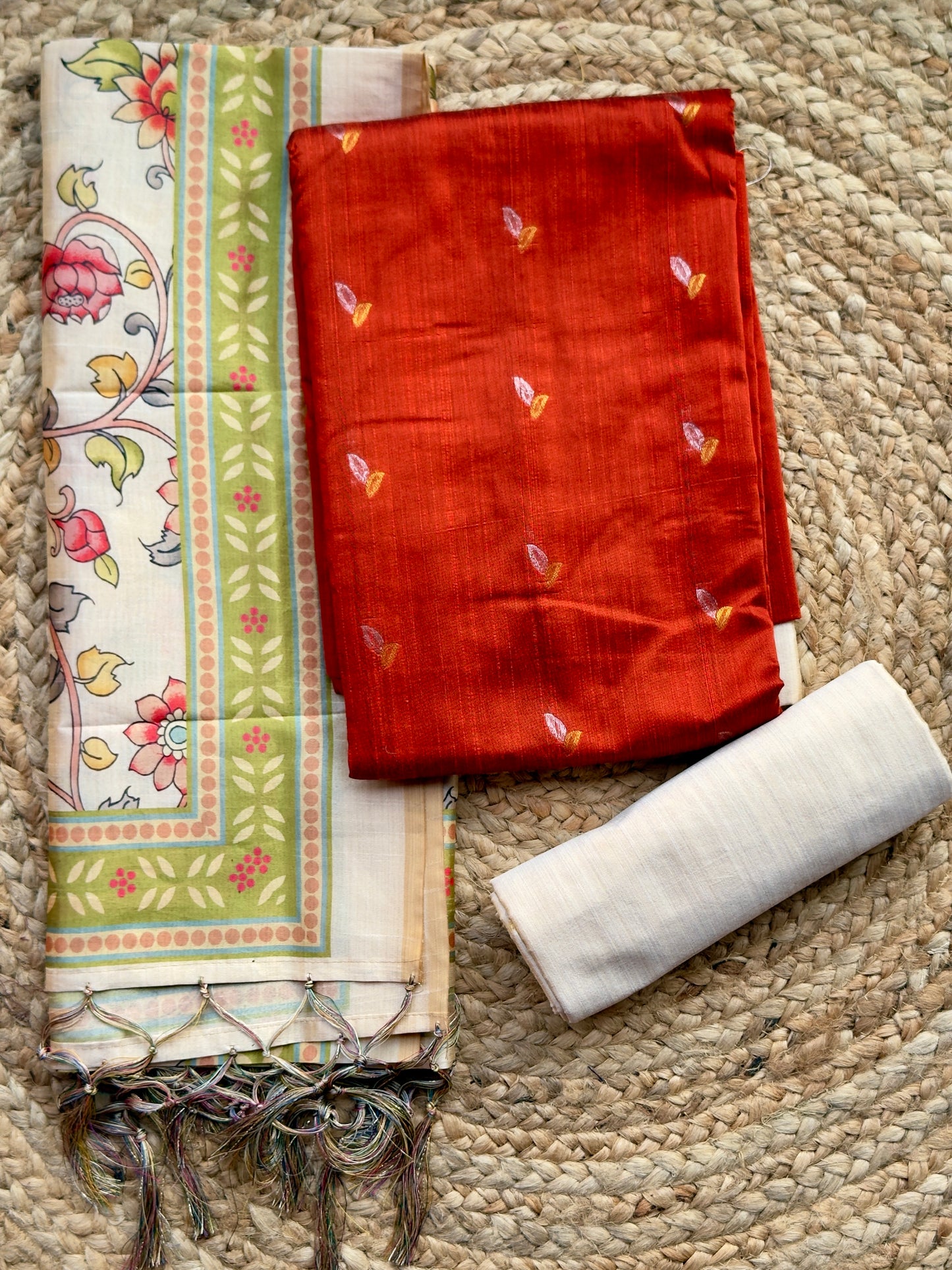 Rustic Orange- Raw Silk with Tussar Kalamkari Dupatt- Salwar Material