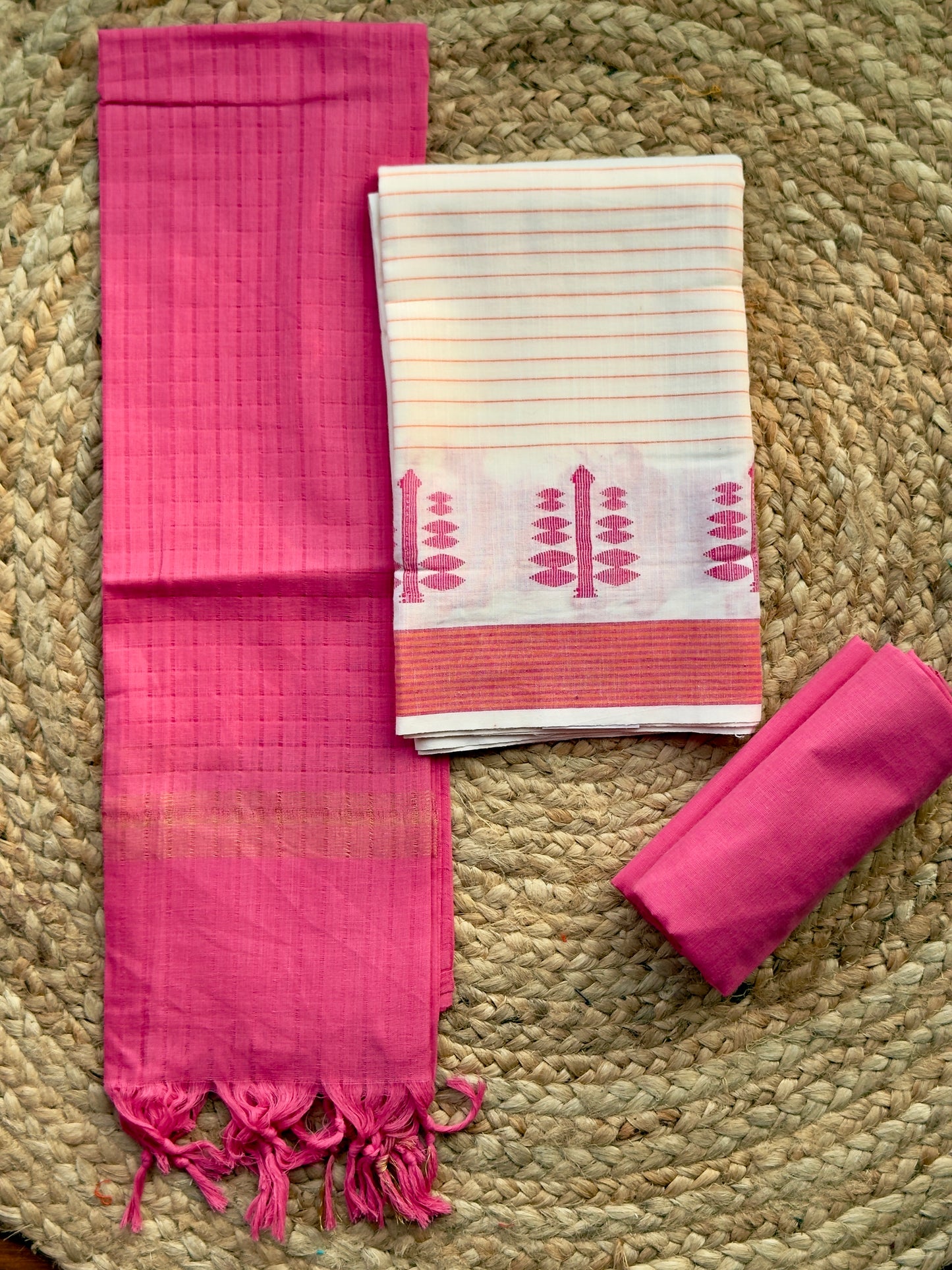 White Pink- Handloom Cotton- Salwar Material HOTUSM198