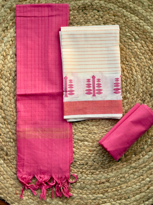White Pink- Handloom Cotton- Salwar Material