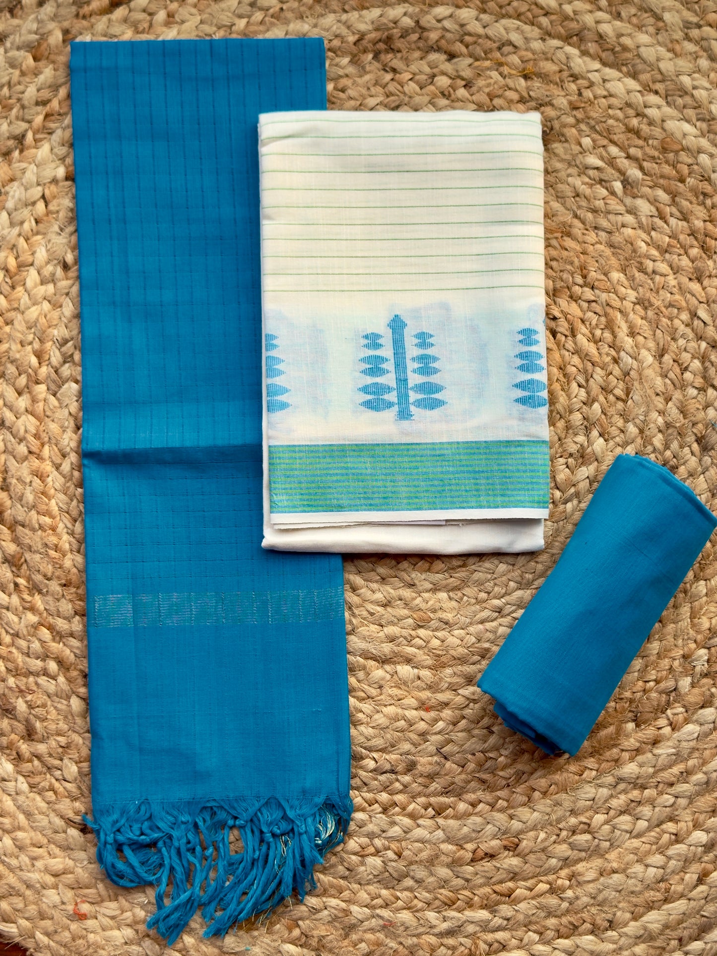 White Blue- Handloom Cotton- Salwar Material