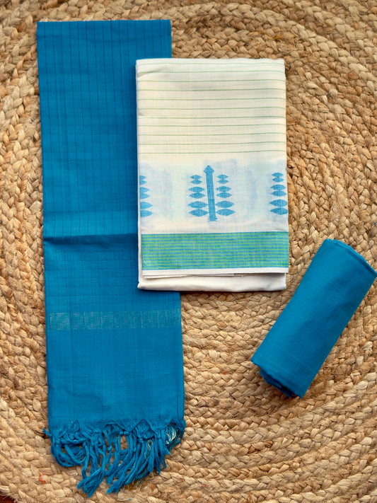 White Blue- Handloom Cotton- Salwar Material