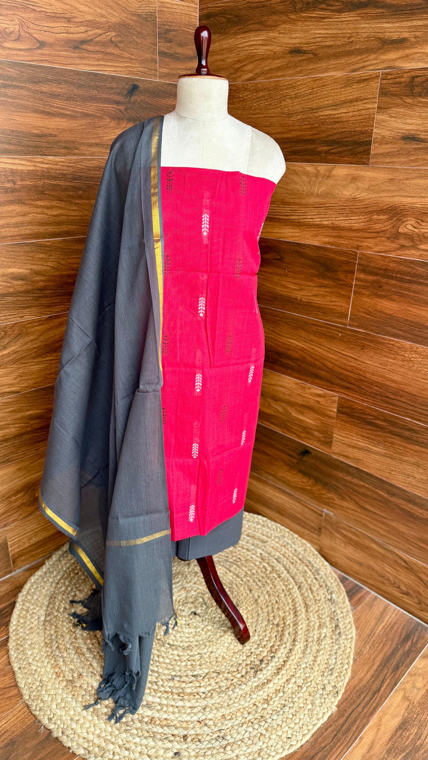 Handloom Cotton- Salwar Material Red Grey HOTUSM95