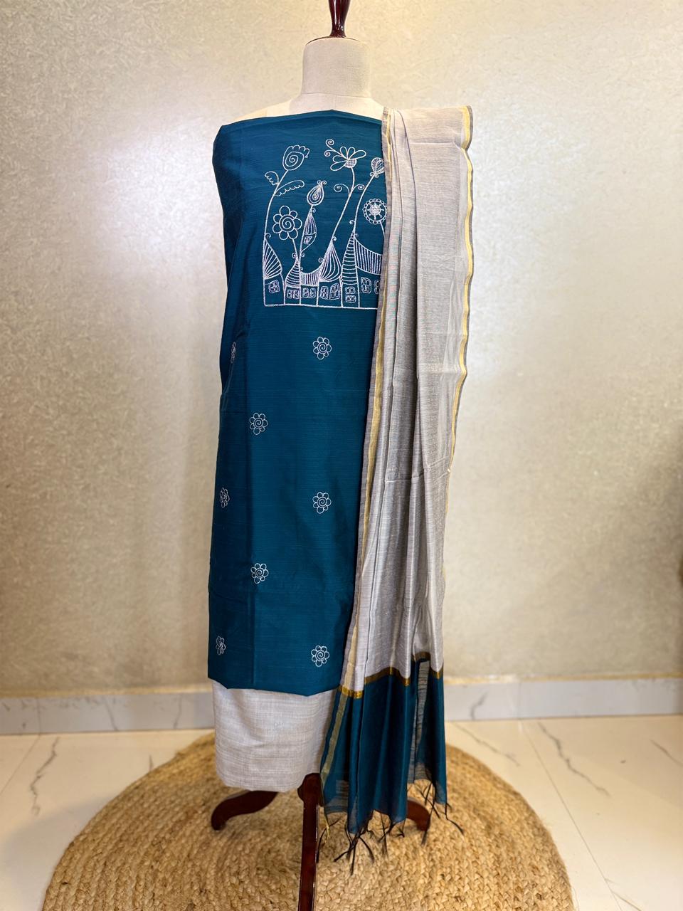 Raw Silk Salwar Suit- Teal Blue Embroidery HOTUSM242