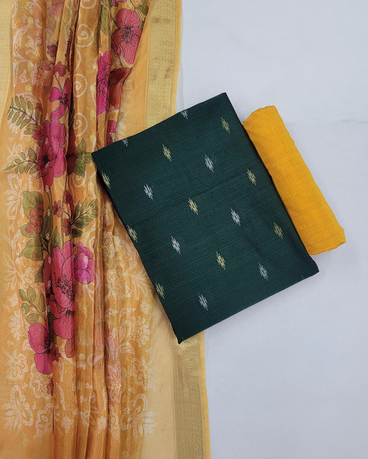 Raw silk with Soft Organza dupatta- Dark Green HOTUSM216